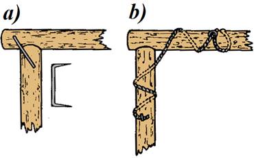 Związanie stropnicy ze stojakiem 
a) klamrą ciesielską
b) linką stalową

